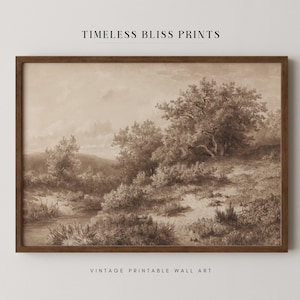 Sepia Forest Landscape Print Moody Trees River Digital Download Antique Vintage Brown Landscape Painting Printable Watercolor Sepia Wall Art