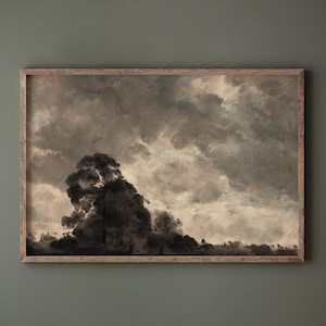Antique Moody Sky Landscape Printable | Moody Clouds Landscape Painting Print Forest Brown Dark Wall Art Vintage Woods Trees Woodland Print