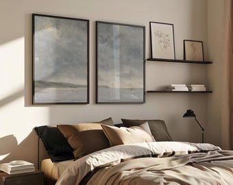 Minimalist Coastal Scene Landscape 2 Pieces Digital Download | Vintage Sea Print Split Seascape Printable Neutral Coast Painting Set of 2