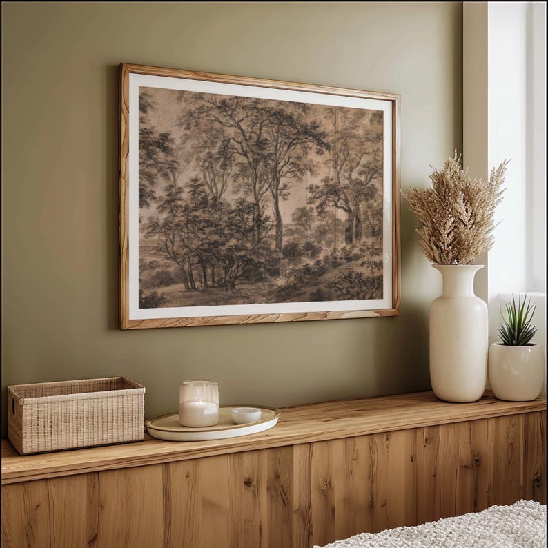 Vintage Moody Forest Landscape Vintage Printable Art Antique Moody Landscape Print Brown Landscape Charcoal Trees Dark Brown Wall Art Sketch image 6
