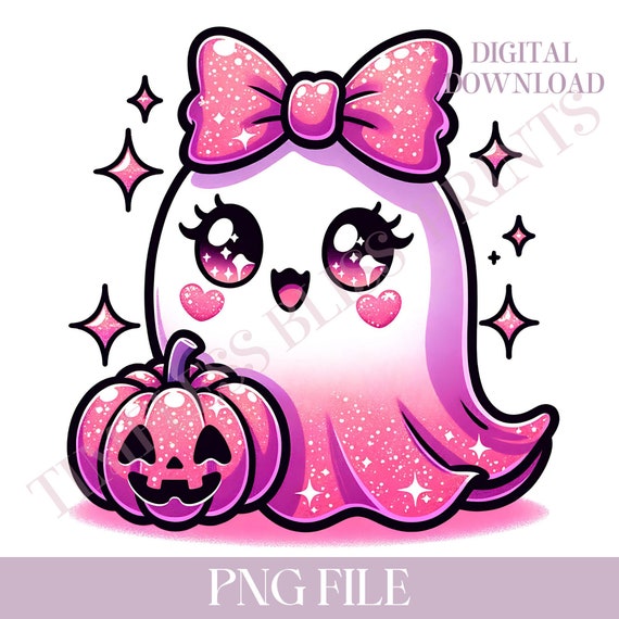 Coquette Ghost PNG Cute Pink Ghost PNG Pink Halloween Clipart Glitter Ghost Bow Clipart Cute Girly Coquette Fall Autumn POD Commercial Use