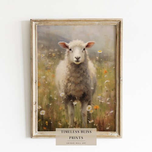 Lamb Flower Meadow Printable Painting | Sheep Flower Field Vintage