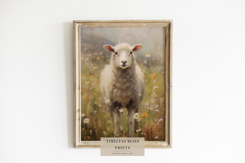 Lamb Flower Meadow Printable Painting | Sheep Flower Field Vintage ...
