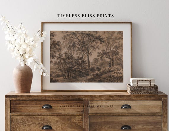 Vintage Moody Forest Landscape Vintage Printable Art Antique Moody Landscape Print Brown Landscape Charcoal Trees Dark Brown Wall Art Sketch