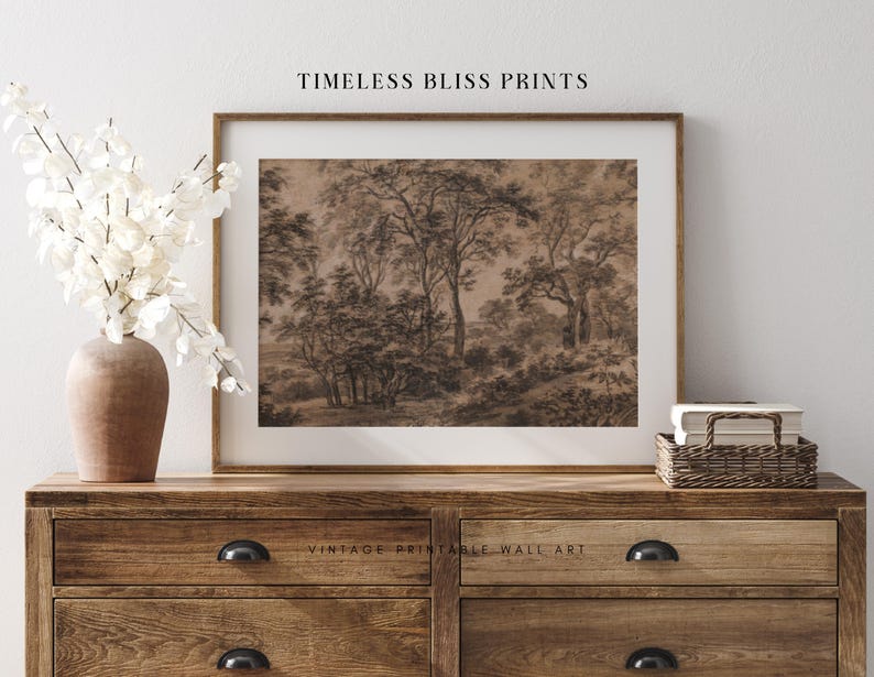 Vintage Moody Forest Landscape Vintage Printable Art Antique Moody Landscape Print Brown Landscape Charcoal Trees Dark Brown Wall Art Sketch image 1