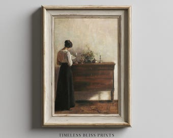 Vintage Moody Woman Reading Printable Art Antique Woman Reading Book Painting Book Lover Printable Wall Art Library Wall Decor