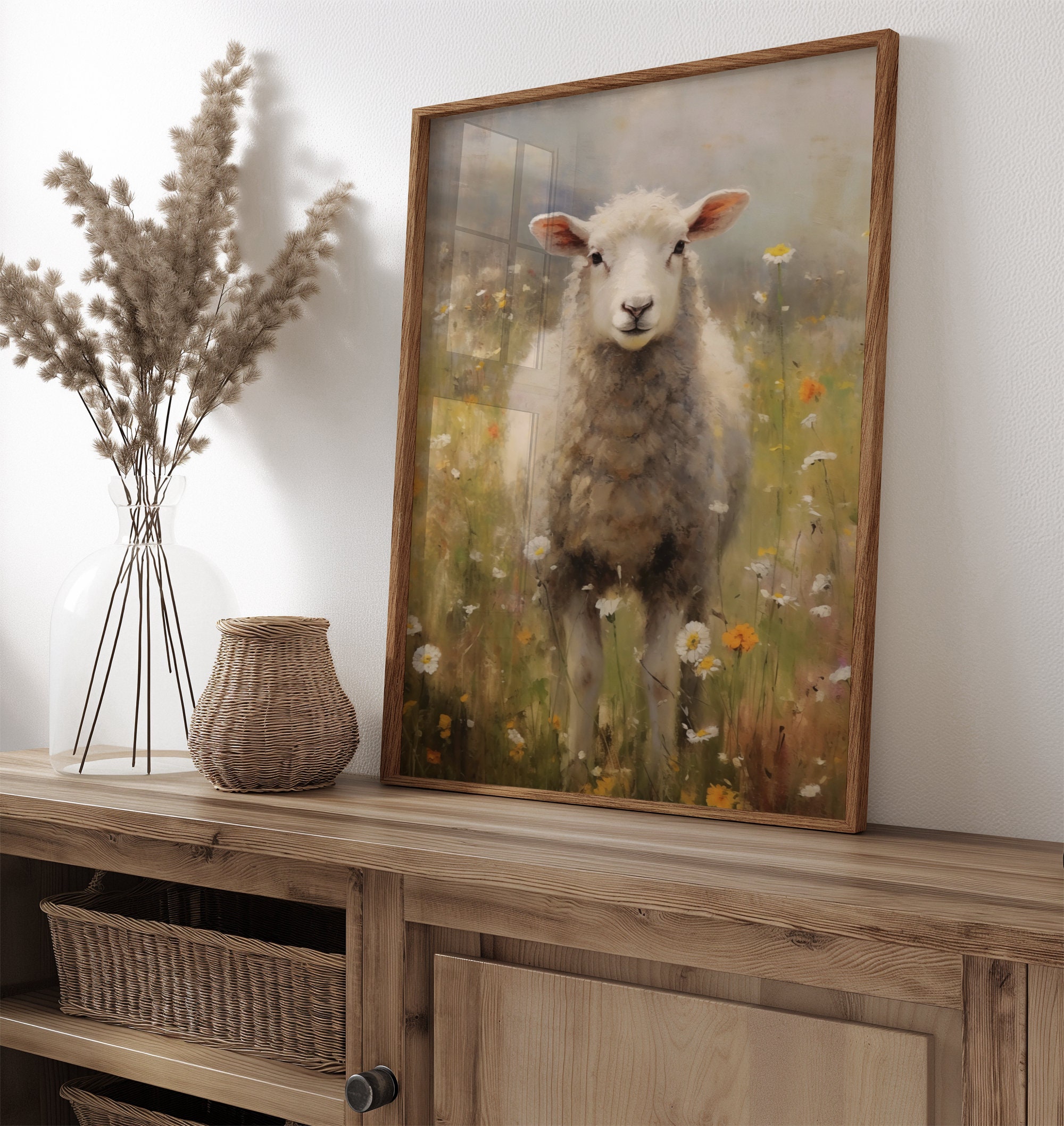 Lamb Flower Meadow Printable Painting | Sheep Flower Field Vintage ...