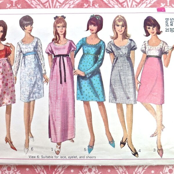 Vintage 1960s Womens Dress Pattern with Empire Waist, in Two Lengths - Simplicity 6442