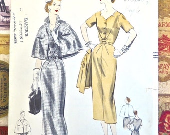 Vintage 1950's Women's Dress and Cape Pattern - Vogue 7897 - Size 14 (Bust 32) - Cut and Complete