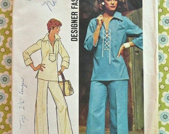 Vintage 1970s Womens Blouse and Pants Pattern  -Simplicity 6895 -  Pullover Tunic, Wide Leg Pants
