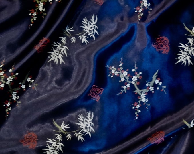 Vintage Satin Fabric Yardage Midnight Blue With Chinese Bamboo and