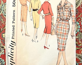 Vintage 1950's Women's Dress Sewing Pattern - Simplicity 2803 - Size 14 (Bust 34) - Cut, Complete - Slenderette - Slim Skirt, Collar