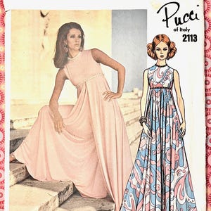 May include: A vintage Vogue Couturier Design pattern for a Pucci of Italy dress. The image shows a woman in a pale pink maxi dress and a drawing of a patterned maxi dress in blue, pink, and white. The text "Pucci of Italy 2113" is visible on the pattern.