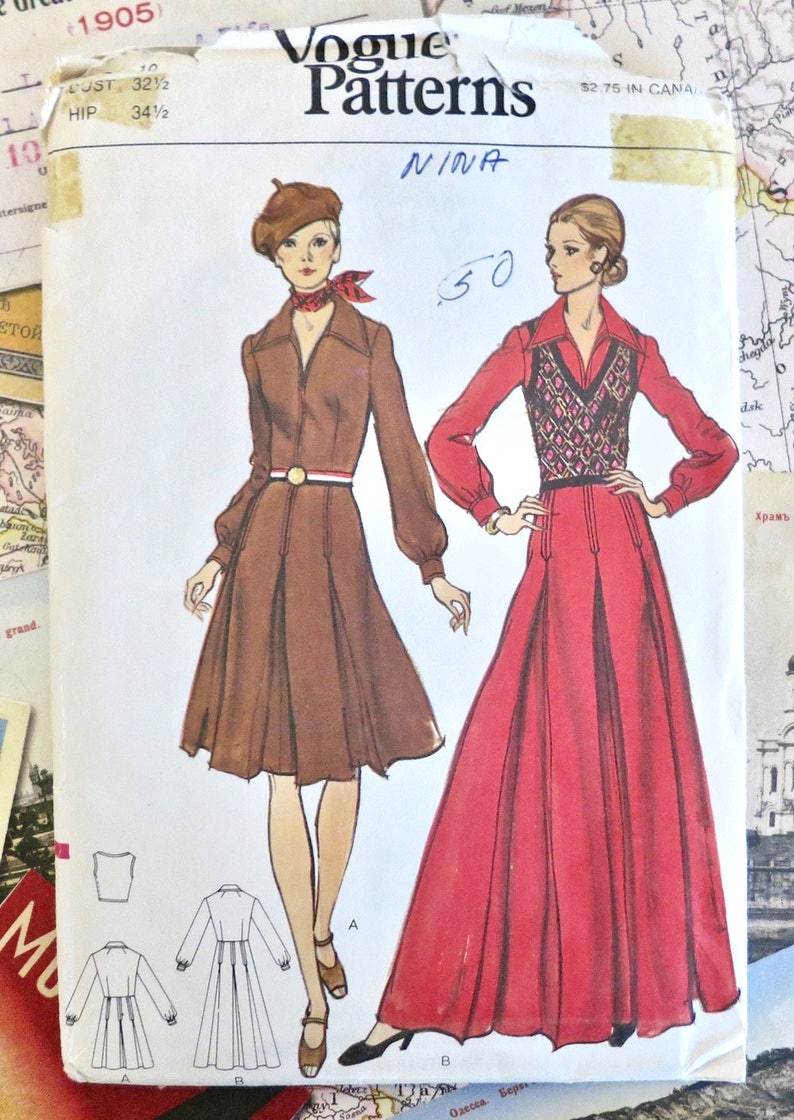 Vintage 1970s Womens Dress and Sweater Vest Pattern Vogue 8373 image 1