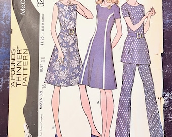 Vintage 1970's Women's Dress, Tunic, Pants Sewing Pattern - McCall's 3242 - Size 16 (Bust 38) - Cut, Complete - Pounds Thinner, Knits
