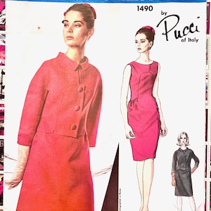 May include: Vintage Vogue Couturier Design sewing pattern by Pucci of Italy. The pattern features illustrations of women's fashions, including a red coat and dress. The pattern cover has a blue banner with the Vogue logo.