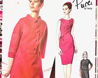 Vintage 1960's Pucci Women's Dress, Jacket Sewing Pattern  - Vogue 1490 - Size 10 (Bust 31) - Cut, Complete - Includes Label, Free Shipping