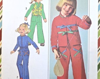 Vintage 1970s Girls Jumpsuit Pattern with Vest - Simplicity 7728 - Size 5 (Breast 24) - Mostly Uncut, Complete, Zipper Front, Patch Pockets