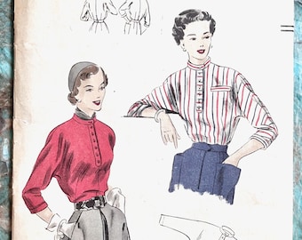 Patrón de costura para blusa o camisa vintage de mujer de los años 40 - Vogue 6837 - Talla 14 (busto 32) - Sin cortar, FF - Mangas Dolman, cuello mandarín