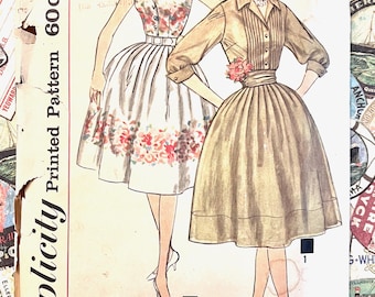 Vintage 1960's Women's Full Skirt Dress Sewing Pattern - Simplicity 3487 - Size 14 (Bust 34) - Cut, Complete - Border Prints, Cummerbund
