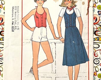 Vintage 1970's Women's Vest Top, Skirt, Shorts Sewing Pattern- Simplicity 8074 - Size 10, 12 - Cut, Complete - Halter, Button Front