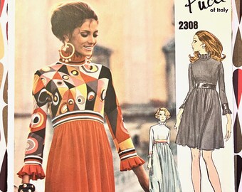 Vintage 1970's Pucci Women's Dress Sewing Pattern - Vogue 2308 - Size 14 (Bust 36) - Uncut, FF - Evening and Mini Length - Couturier Design