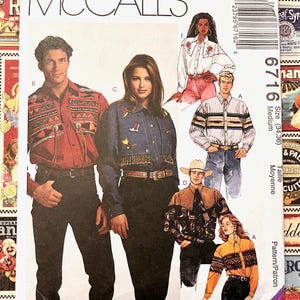 Vintage 1990's Men's, Women's Western Shirt Sewing Pattern - McCall's 6716 - Size Medium (34-36) - Uncut, FF - Yoke, Trim Variations, Rodeo