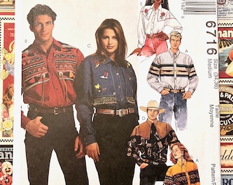 Vintage 1990's Men's, Women's Western Shirt Sewing Pattern - McCall's 6716 - Size Medium (34-36) - Uncut, FF - Yoke, Trim Variations, Rodeo