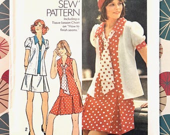 Vintage 1970's Women's Jacket, Mini Dress and Tie Sewing Pattern - Simplicity 6085 - Size 14 (Bust 36) - Cut, Complete - How to Sew Pattern