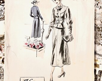 Vintage 1940's Women's Two-Piece Dress Sewing Pattern - Vogue 433 - Size 14 (Bust 32) - Used, Complete - Unprinted - Peplum, Couturier, Suit