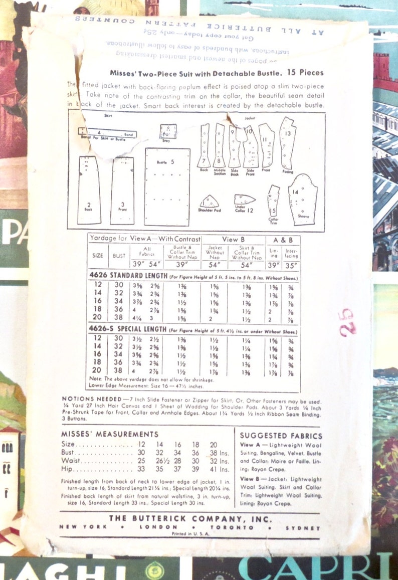 Vintage 1940s Womens Suit Pattern with Detachable Bustle Butterick 4626 image 2