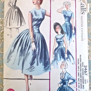 Vintage 1950s Womens Full Skirt Dress Pattern with Detachable Collar, Jabot, and Removable Guimpe McCalls 3467 image 1