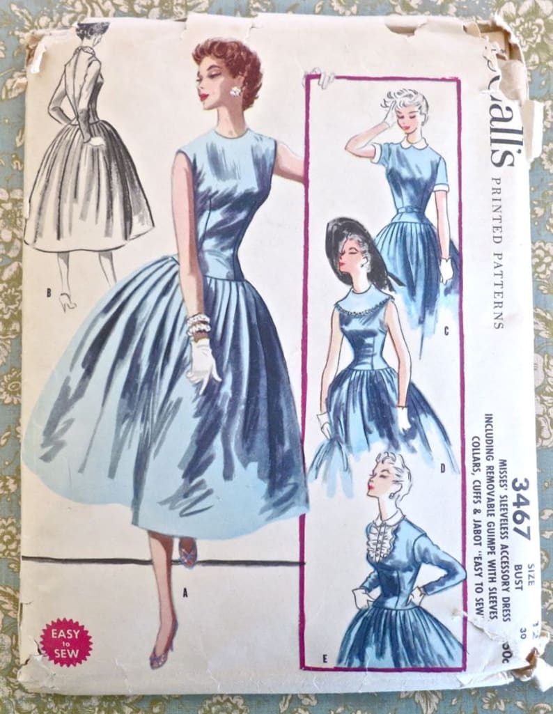 Vintage 1950s Womens Full Skirt Dress Pattern with Detachable Collar, Jabot, and Removable Guimpe McCalls 3467 image 1