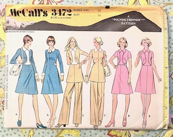 Vintage 1970's Women's Dress, Tunic, Pants Sewing Pattern - McCall's 3472 - Size 16 (Bust 38) - Pounds Thinner - Uncut, FF