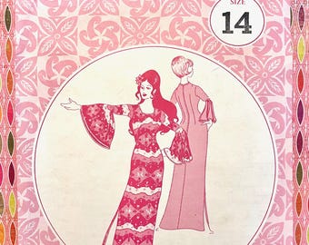Vintage 1970's Women's Evening Dress Sewing Pattern - Patterns Pacifica 3014 - Size 14 (Bust 36) - Cut, Complete - Polynesian, Muu, Sleeves