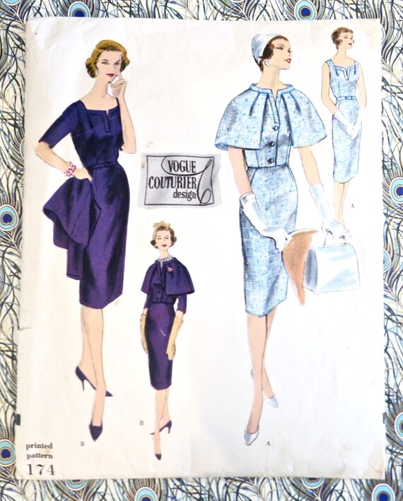 Vintage 1950s Vogue Couturier Dress and Jacket Pattern - Vogue 174 - Size 16 (bust 36) - Uncut, FF - Free Shipping - Designer, Capelet - Etsy Vintage 1950s Vogue Couturier Dress and Jacket Pattern - Vogue 174 - Size 16 (bust 36) - Uncut, FF - Free Shipping - Designer, Capelet - Etsy