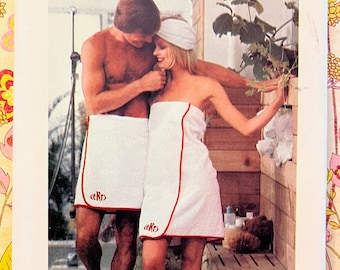 Vintage 1980's Men's and Women's Bath Cover-Up, Slippers, and Turban Pattern - Butterick 3532 - One Size - Uncut
