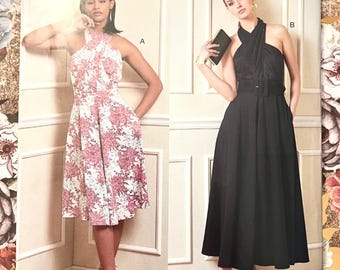Women's Halter Dress Sewing Pattern - Vogue 1883 - Sizes 6-14 (Bust 30 1/2-36)  - Uncut, FF - Flared Skirts, Pockets, Back Zipper