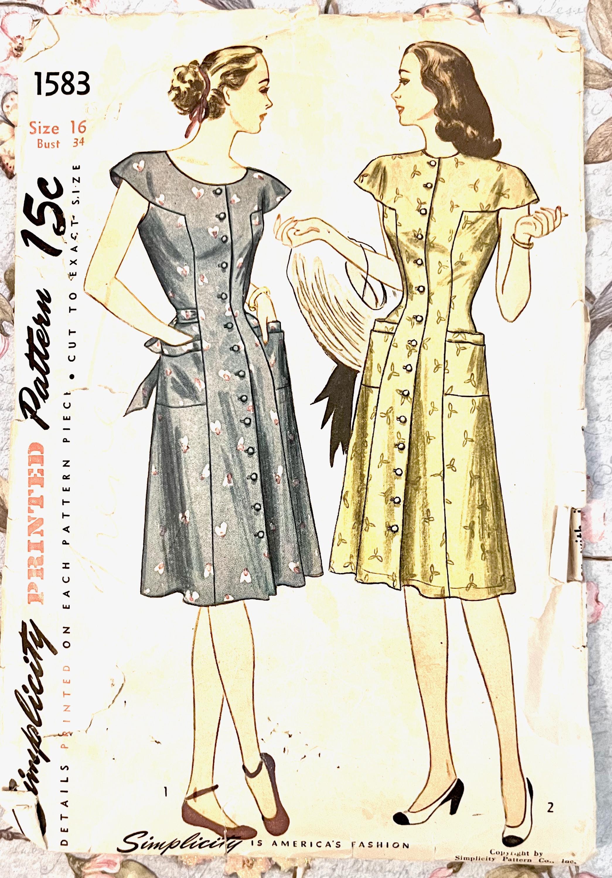 Vintage 1940's Women's Button-Front Dress Pattern - Simplicity 1583 - Size 16 (Bust 34) - Cut and Complete