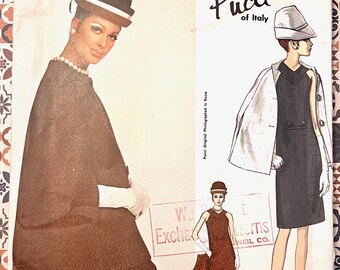 Vintage 1960's Emilio Pucci Women's Cape, Dress Pattern - Vogue 1735 - ORIGINAL - Size 12 (Bust 32) - Cut, Complete, w Label - Free Shipping
