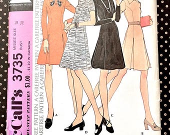 Vintage 1970's Women's Princess Seam Dress Sewing Pattern - McCall's 3735 - Size 16 (Bust 38) - Cut, Complete, Sleeves, Optional Pleats