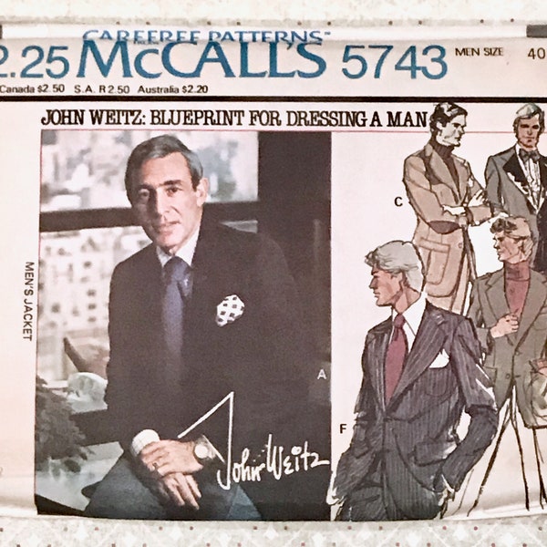 Vintage 1970s John Weitz Mens Jacket Pattern - McCall's 5743 - Size 40