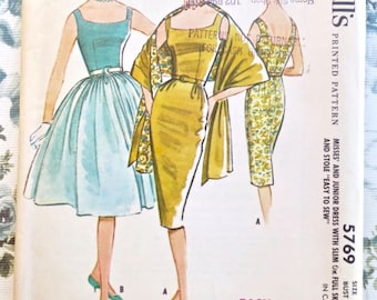 Vintage 1960s Women's Dress Pattern  - McCalls 5769. - Size 12 (Bust 32) - Sleeveless Cocktail Dress with Two Skirts and Stole