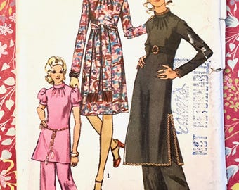 Vintage 1970's Womens Dress, Tunic, Pants, Sash Sewing Pattern - Simplicity 9114 - Size 12 (Bust 34) - Cut, Complete - Boho, Stand Up Collar