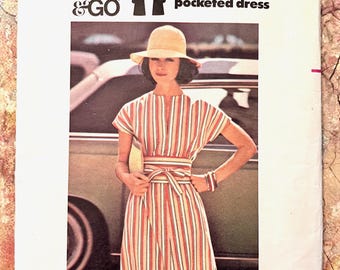 Vintage 1970's Women's Dress Sewing Pattern - Butterick 4713 - Size Medium 12-14 (Bust34-36) - Sew & Go, Pockets, Obi Sash - Cut, Complete