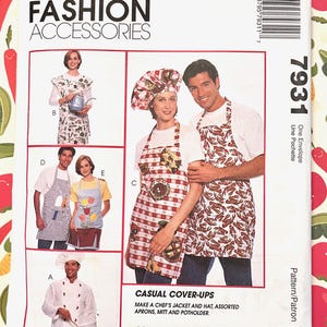 May include: McCall's Fashion Accessories pattern featuring casual cover-ups. The image shows aprons, chef's jackets, and hats. The aprons have various designs, including a red and white checkered pattern and a crawfish print. The pattern number is 7931.