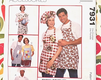 Vintage 1990's Men's, Women's Chef's Jacket and Hat, Aprons, Mitt, Potholder Sewing Pattern - McCall's 7931 - New, FF - All Sizes Included