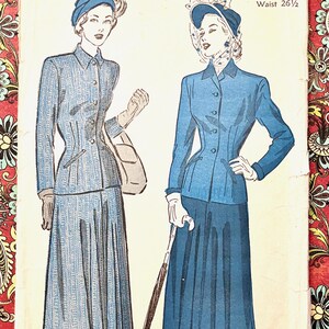 May include: Vintage sewing pattern featuring illustrations of women's suits. The pattern, labeled "ADVANCE 4912," includes size information: Bust 32 inches, Waist 26 1/2 inches. The cover is aged with a red and floral background.