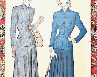 Vintage 1940's Women's Suit, Jacket, Skirt Sewing Pattern - Advance 4912 - Size 14 (Bust 32) - Used, Complete - Unprinted, Flared Skirt