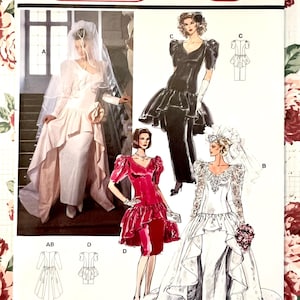 May include: A Burda Couture sewing pattern, number 5056, featuring illustrations of wedding dresses and formal wear. The pattern includes various designs, with sizes ranging from 36-46 (10-20). The cover showcases multiple dress styles in different colors.